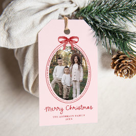 Vintage Red Bow Christmas Blush Pink Photo Holiday Geschenkanhänger