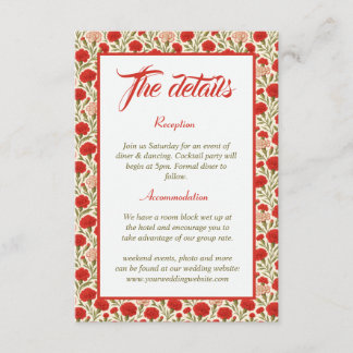 Vintage Red Carnation Blume Hochzeitdetails Begleitkarte