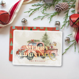 Vintage Red Farm Truck Weihnachtsbaumhunde Folien Feiertagskarte