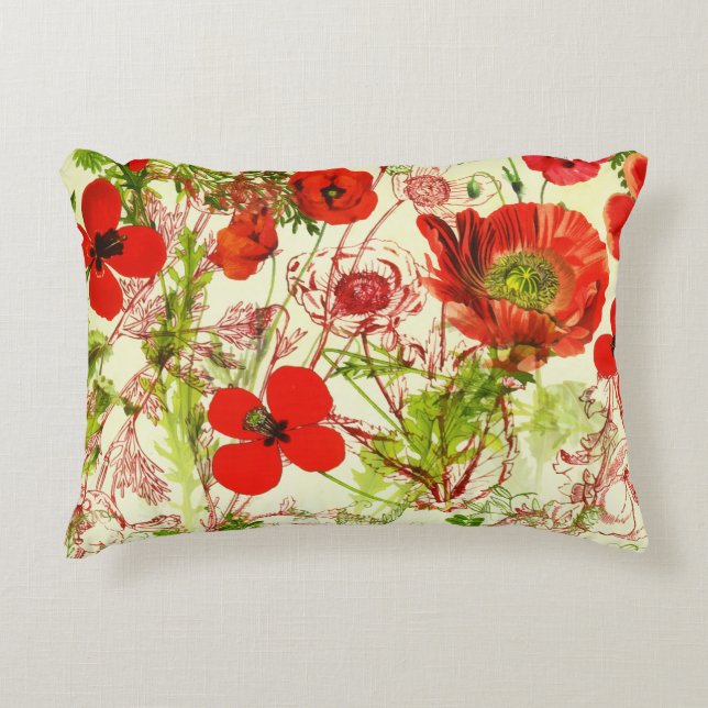 Vintage Red Green Poppies Sommer-Wildblumen Dekokissen (Vorderseite)