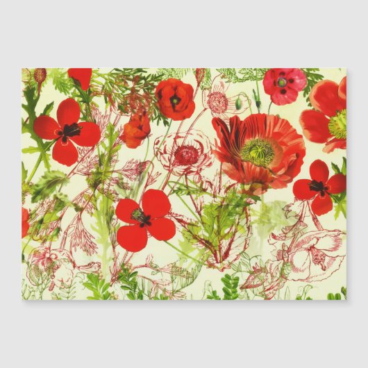 Vintage Red Green Poppies Sommer-Wildblumen Magnetkarte (Vorderseite)