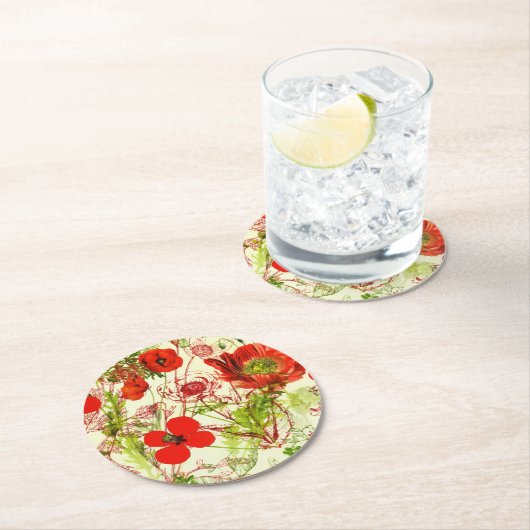 Vintage Red Green Poppies Sommer-Wildblumen Runder Pappuntersetzer (Vor Ort)