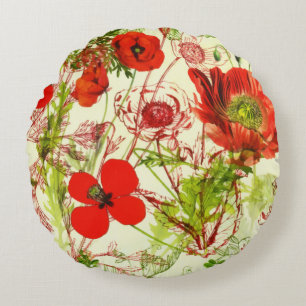 Vintage Red Green Poppies Sommer-Wildblumen Rundes Kissen