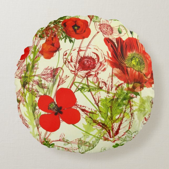 Vintage Red Green Poppies Sommer-Wildblumen Rundes Kissen (Vorderseite)