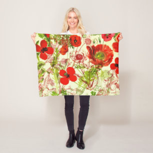 Vintage Red Green Poppies Sommerliche Wildblumen Fleecedecke