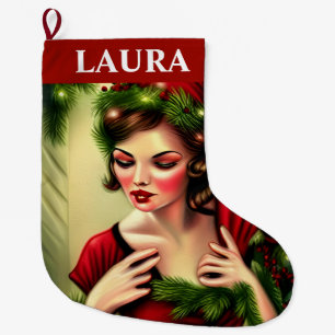 Vintage Red Lady Retro  Großer Weihnachtsstrumpf