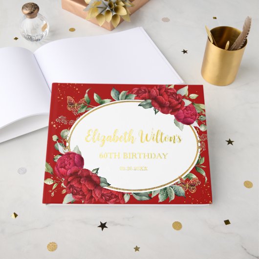 Vintage Red Peonies Floral Butterflies Birthday Gästebuch (Vorderseite offen)