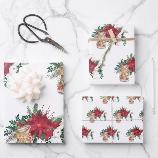 Vintage Red Poinsettia Teacups Rabbinerfest Geschenkpapier Set (Vorderseite)