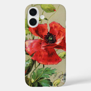 VINTAGE RED POPPY-BLUME IN GRAU iPhone 16 HÜLLE