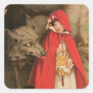 Vintage Red Riding Hood und Big Bad Wolf Quadratischer Aufkleber