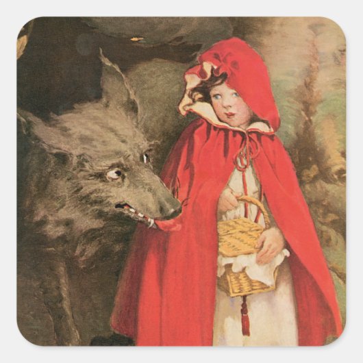 Vintage Red Riding Hood und Big Bad Wolf Quadratischer Aufkleber (Vorderseite)