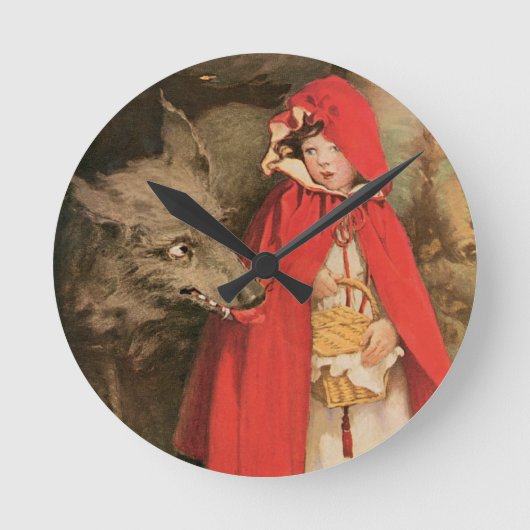 Vintage Red Riding Hood und Big Bad Wolf Runde Wanduhr (Vorderseite)