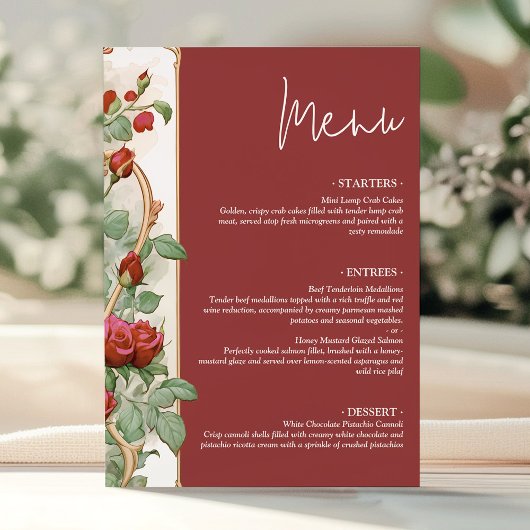 Vintage Red Rose Wedding Reception Dinner Card Menükarte