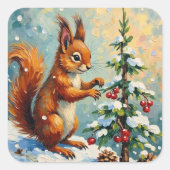 Vintage Red Squirrel Pine Tree Christmas Quadratischer Aufkleber (Vorderseite)