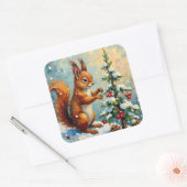 Vintage Red Squirrel Pine Tree Christmas Quadratischer Aufkleber (Umschlag)