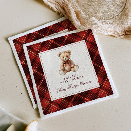 Vintage Red Tartan Teddy Bear Baby Shower Serviette