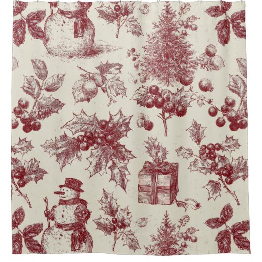 Vintage Red Toile Christmas Botanical - Holly Duschvorhang (Vorderseite)