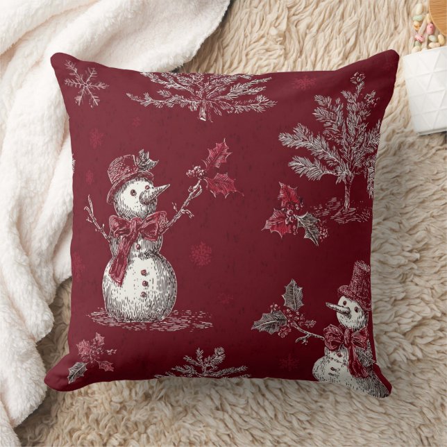 Vintage Red Toile Christmas Botanical - Snowman Kissen (Decke)