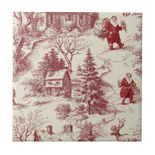 Vintage Red Toile Christmas Village - Santa Fliese (Vorderseite)