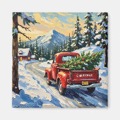 Vintage Red Truck Carrying Christmas Tree Magnet (Vorne)