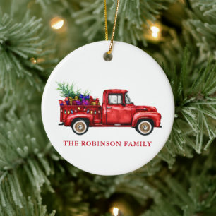 Vintage Red Truck Christmas Tree Gifts Family Name Keramik Ornament