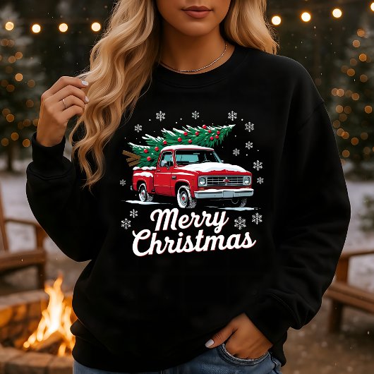 Vintage Red Truck Christmas Tree Snow Sweatshirt