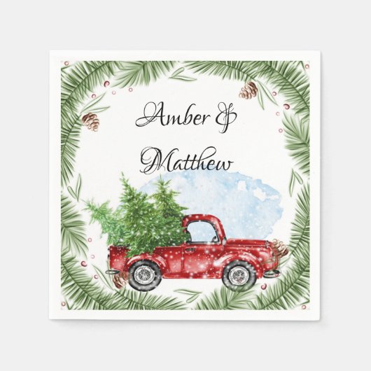 Vintage Red Truck Schnee Weihnachtsfeier Serviette (Vorderseite)