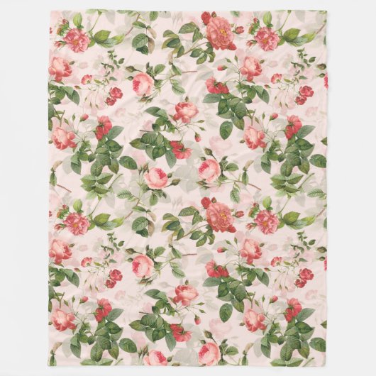 Vintage Redouté-Rose Muster pink Fleecedecke (Vorderseite)