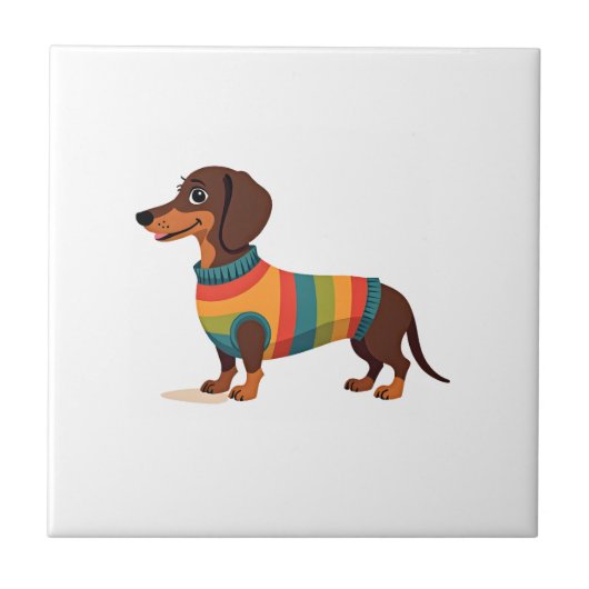 Vintage-Regenbogen-Pullover Dachshund Süßer langer Fliese (Vorderseite)