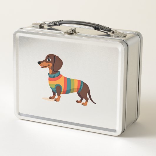 Vintage-Regenbogen-Pullover Dachshund Süßer langer Metall Brotdose (Vorderseite)