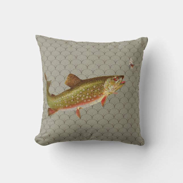 Vintage Regenbogenforelle Fischen Kissen (Vorderseite)