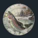 Vintage Regenbogenforelle Fischerei Dartscheibe<br><div class="desc">Vintages Illustrationsportdesign mit einem Fischer in einem Fluss. Eine Regenbogenforelle spritzt und springt aus dem Wasser.</div>