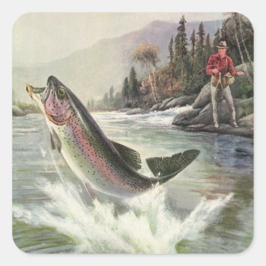 Vintage Regenbogenforelle Fischerei Quadratischer Aufkleber (Vorderseite)