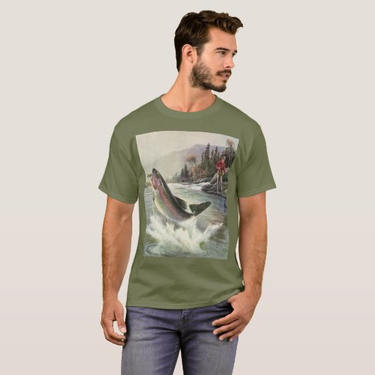 Vintage Regenbogenforelle Fischerei T-Shirt (Vorne ganz)