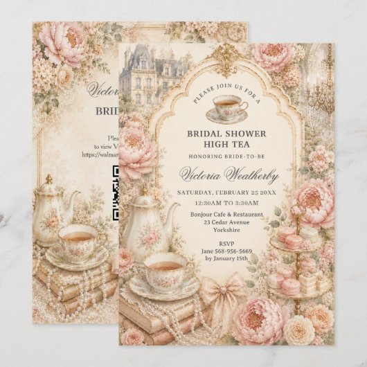 Vintage-Regency-Teeparty-Brautstrauß Einladung (Vorne/Hinten)