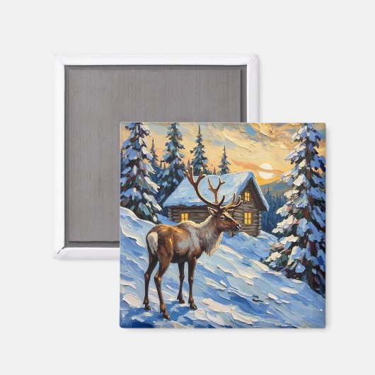 Vintage Reindeer by Snowy Cabin Christmas Painting Magnet (Vorderseite/Rückseite)