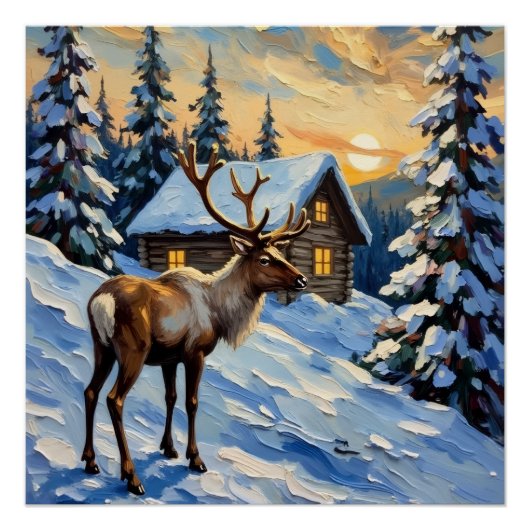 Vintage Reindeer by Snowy Cabin Christmas Painting Poster (Vorderseite)