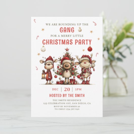 Vintage Reindeer Christmas Party Invitation Einladung (Stehend Vorderseite)