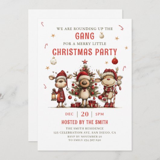Vintage Reindeer Christmas Party Invitation Einladung (Vorne/Hinten)