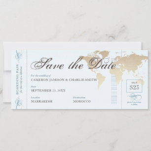Vintage Reise Blau Braunes Weltkarten Flugticket S Save The Date