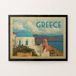 Vintage Reise Griechenlands Santorini Puzzle<br><div class="desc">Griechenland-Entwurf in der Vintagen Reiseart,  die eine klassische Szene mit einer blauen Haubenkirche und dem Mittelmeer kennzeichnet.</div>