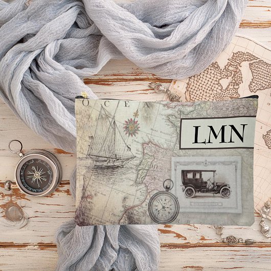 Vintage Reise Thema Monogramm Zubehörtasche