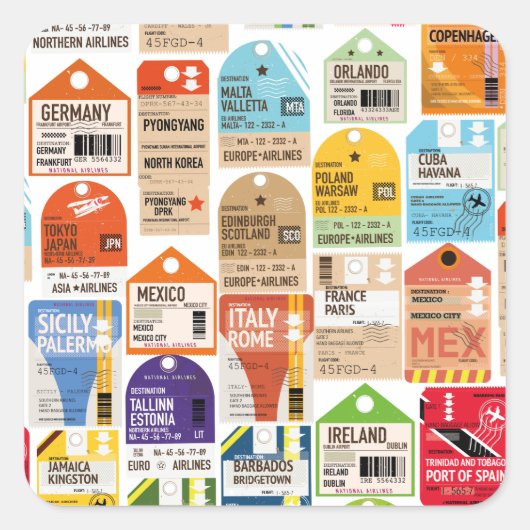 Vintage Reise Tickets Muster. Quadratischer Aufkleber (Vorderseite)