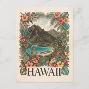 Vintage-Reiseillustration von Hawaii mit Blumen Feiertagspostkarte