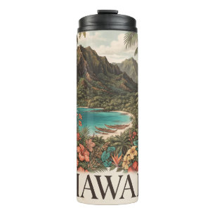 Vintage-Reiseillustration von Hawaii mit Blumen Thermosbecher