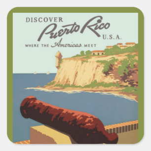 Vintage-Reisekunst, Entdecken Sie Puerto Rico! Quadratischer Aufkleber