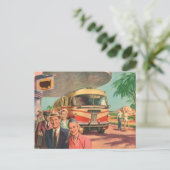 Vintage Reisende am Busbahnhof Postkarte (Stehend Vorderseite)