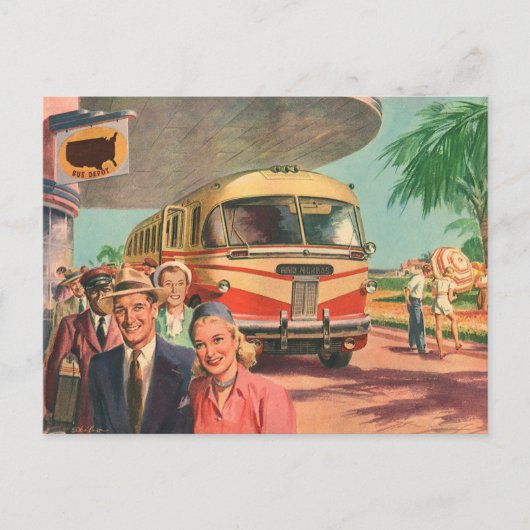 Vintage Reisende am Busbahnhof Postkarte (Vorderseite)