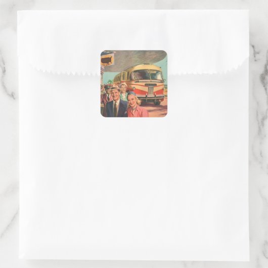 Vintage Reisende am Busbahnhof Quadratischer Aufkleber (Tasche)