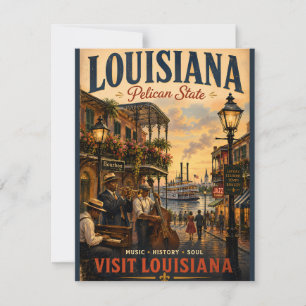 Vintage-Reiseplakat aus Louisiana mit Jazz-Musiker Mitteilungskarte